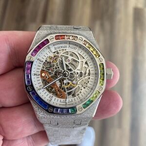 Audemars Piguet Silver Watch with Rainbow Bezel